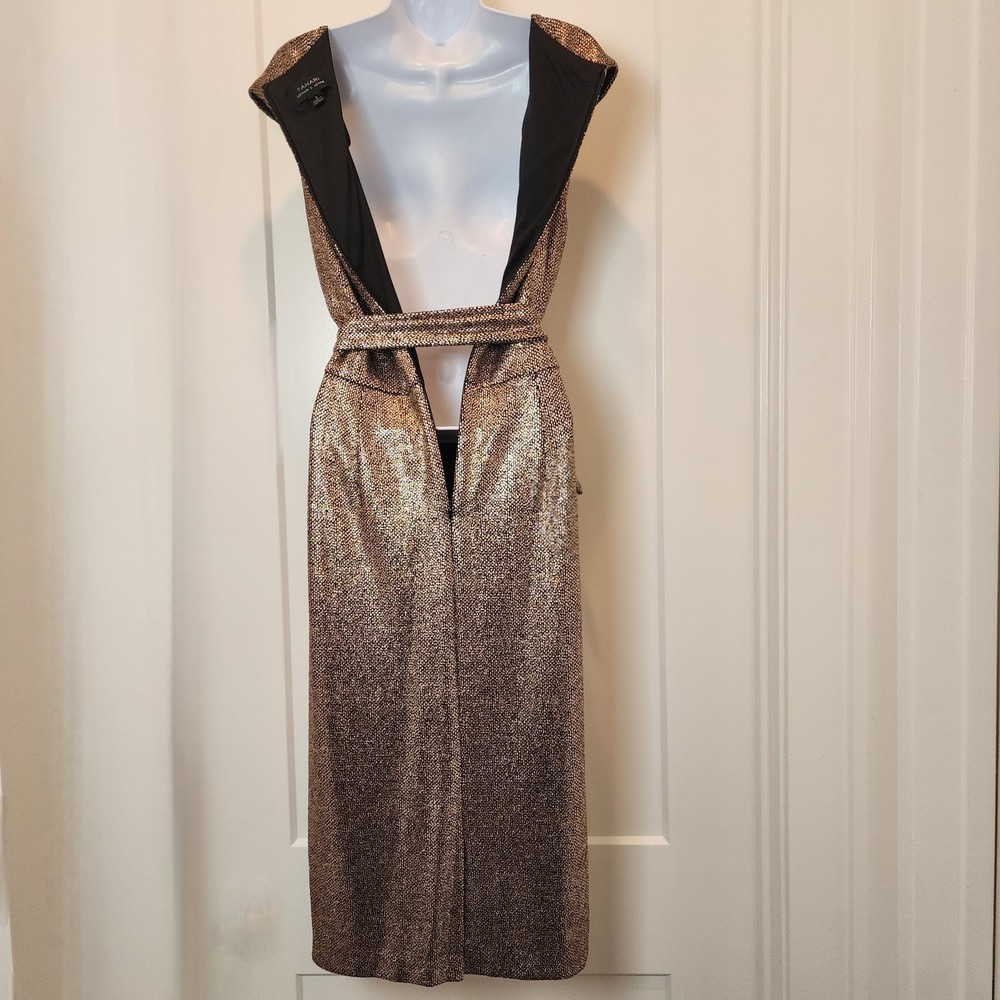 Tahari Metallic Bronze Faux Wrap Dress 8 Cap Sleeve Cocktail Quiet Luxury Glam - Picture 5 of 16
